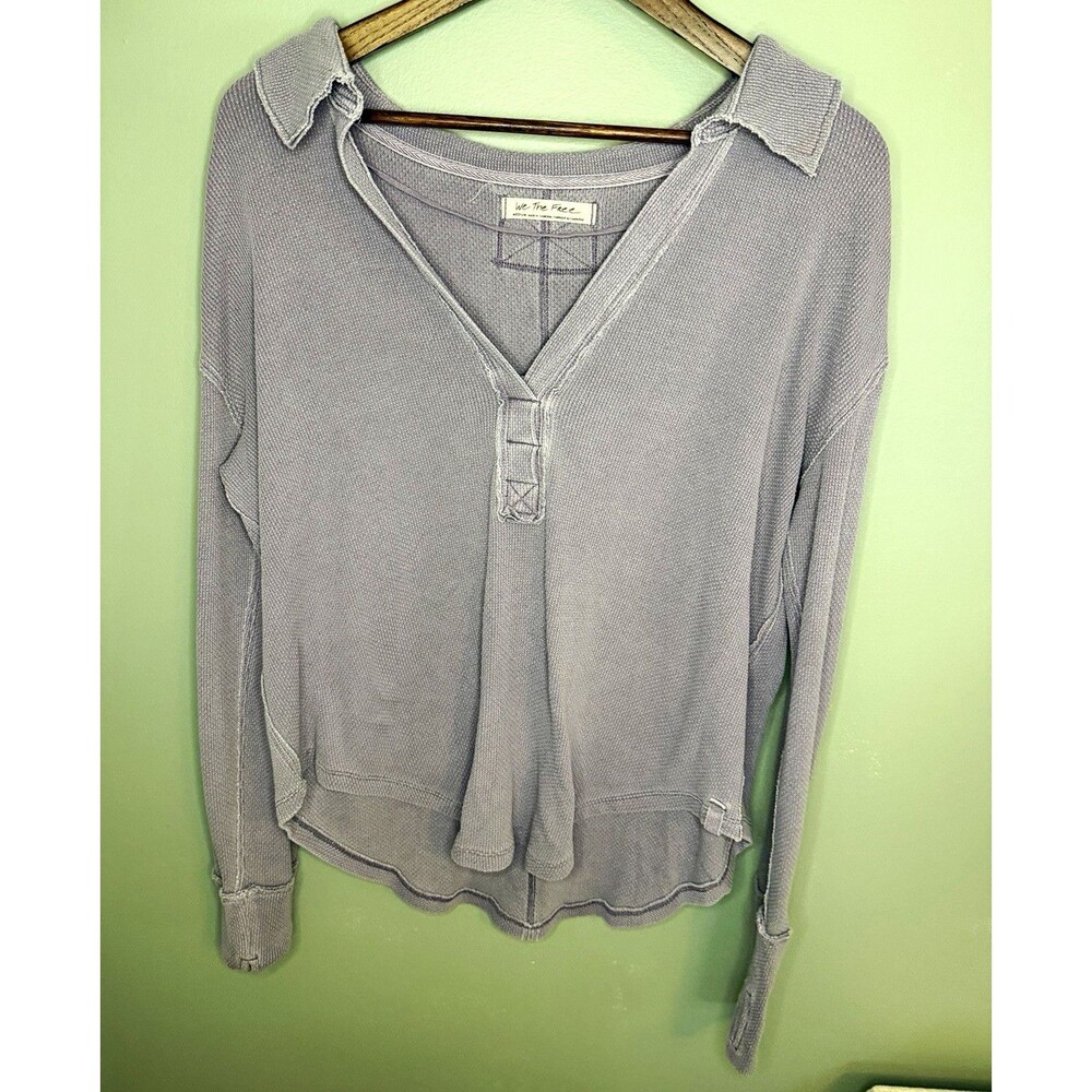 We The Free Free People Gray Thermal Henley Top Long Sleeve Boho Shirt (Size M)